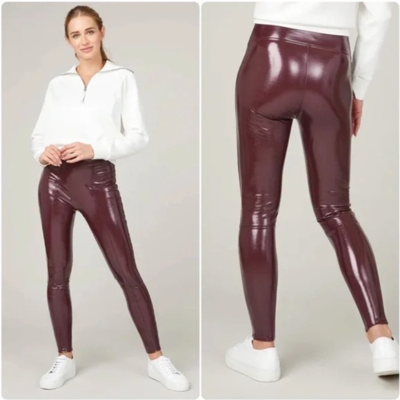 SPANX Pants - SPANX Faux Patent Leather Ruby Burgundy Cabernet Leggings S P